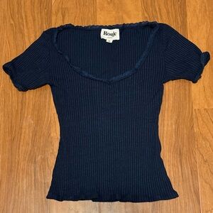ROUJE Paris Giuia Top Fitted Baby Tee Ribbed with Lace Navy Short Sleeve size 36